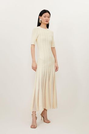 Karen Millen Womens Viscose Blend Filament Full Skirt Knit Short Sleeve Midi Dress - Cream - Size X-Small