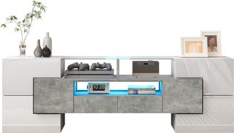 STILVORA Mueble Tv Con 6 Puertas, 2 Cajones Y Led Multicolor, Acabado Brillante, 145&times;30&times;51 Cm, En Tablero Aglomerado, Blanco