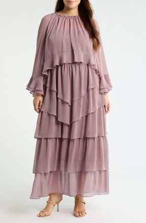 Chelsea28 Tiered Ruffle Chiffon Cape Dress in Mauve at Nordstrom, Size 2X