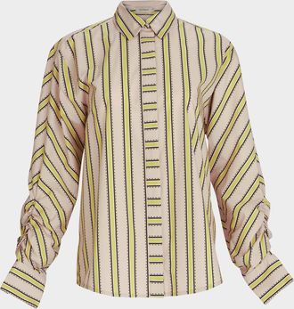 Silvia Tcherassi Caritina Striped Ruched-Sleeve Button-Down Blouse