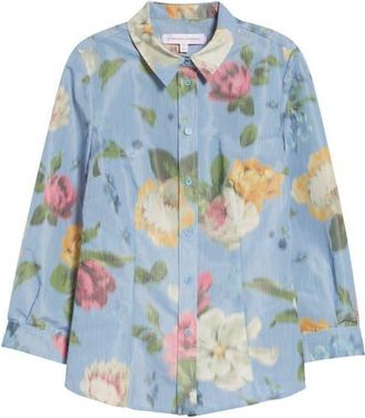 Carolina Herrera Ana Chin&eacute; Floral Print Button-Up Shirt in Cloudy Blue Multi at Nordstrom, Size 10
