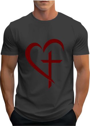 Generic Q-522 Gray Man Crew Neck Tshirts Brunch Tops Tee for Man Short Sleeve Christian Heart Lover Graphic Loose Fit Long Summer Fall Tee Shirt 2024 Soft Com
