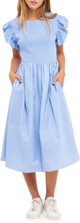 English Factory Puff Sleeve Mixed Media Midi Dress in Powder Blue at Nordstrom, Size Medium
