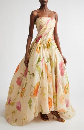 Carolina Herrera Floral Pleated Silk Strapless Gown in Almond Multi at Nordstrom, Size 2