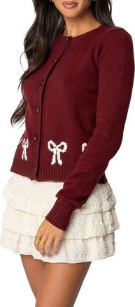 Edikted Rona Intarsia Bow Cardigan in Burgundy at Nordstrom, Size X-Large