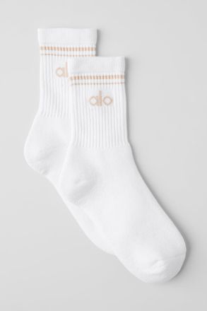 Alo | Half-Crew Throwback Socks in White/Macadamia, Size: Large