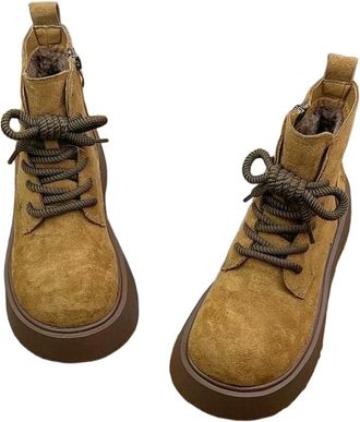 Generic YUJIEBB Womens High Top Snow Boots Winter Fashion Side Zipper Cotton Shoes Comfortable Cross Tied Height Increase Short Boots Camel