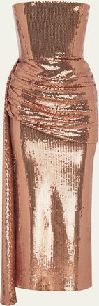 Alex Perry Strapless Draped Sequin Mesh Midi Dress
