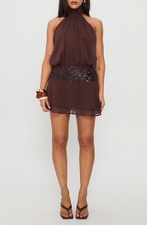 Princess Polly Zenayda Open Back Drop Waist Sequin Minidress in Brown at Nordstrom, Size 12