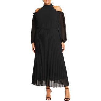 City Chic Promise Ruffle Pleated Long Sleeve Maxi Dress in Black at Nordstrom Rack, Size Xxs/12W