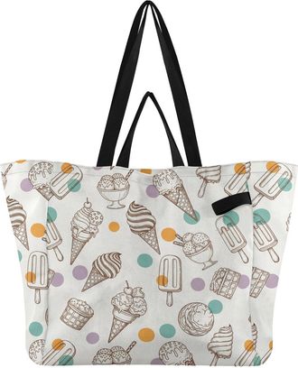 Generic Dessert Ice Cream White pattern Reusable Canvas Tote Bag, Heavy Duty Grocery Shopping Bag with Double Handles Large Capacity Hard Bottom Work Grocerie