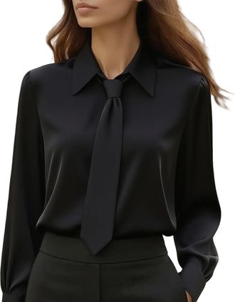 Generic Satin Blouse for Women Bow Tie Neck Long Sleeve Dressy Shirt Ladies Business Casual Office Work Tops(Black, XXL)