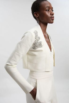 Karen Millen Womens Figure Form Bandage Embellished Crop Knit Jacket - White - Size 12 UK