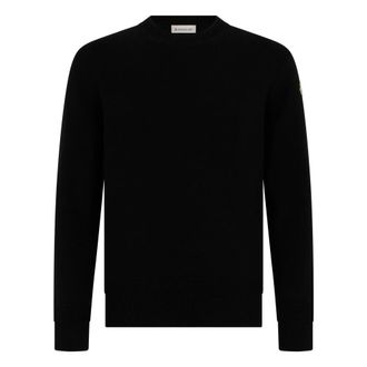 Moncler Round-neck Knitwear, male, Black, Size: 2XL Logo Patch Cotton Sweater