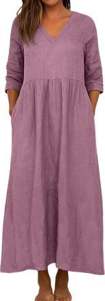 Generic Women Linen Sleeveless Dress Maxi Summer Dresses for Oversized Flowy Solid Color 3/4 Sleeve V Neck Cotton with Pockets Ladies (Wine, M)