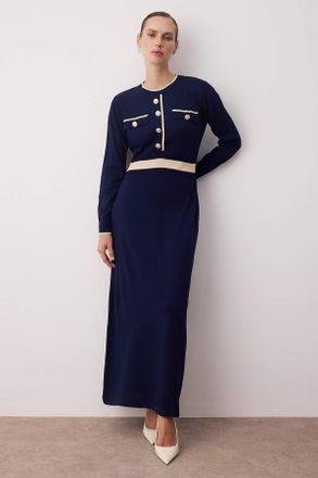 Trendyol Modest Dames Donkerblauw Colorblock Maxi Lang Casual Skater Modest Jurken