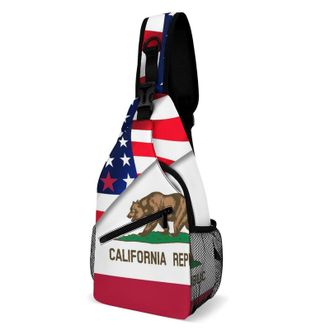 Generic U.S. Flag And California State Flag Unisex Shoulder Bags Casual Crossbody Chest Bag Sling Backpack for Hiking Cycling Travel