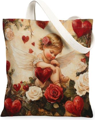 Generic Romantic Valentines Day Fairy Canvas Tote Bag for Shopping 13x15, Garden Aesthetic Love Heart Reusable Grocery Print Bag for Women, Holiday Beach Aest