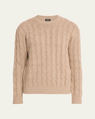 Ermenegildo Zegna Mens Beige Melange Cable-Knit Crewneck Sweater