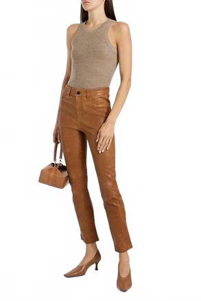 Paige Cindy Leather Slim Leg Pants In Camel