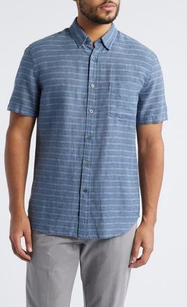Rails Carson Stripe Short Sleeve Stretch Linen Blend Button-Up Shirt in Homespun Border Blue at Nordstrom, Size X-Large