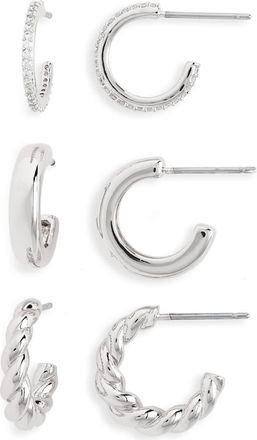 Nadri Golden Hour Set of 3 Huggie Hoop Earrings in Rhodium at Nordstrom Rack