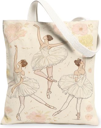 Generic Ballet Dancer Canvas Tote Bags, Floral Print Reusable Grocery Bags, Spring Vintage Lightweight Washable Shoulder Strap Canv, Cream, 13x15 Inch