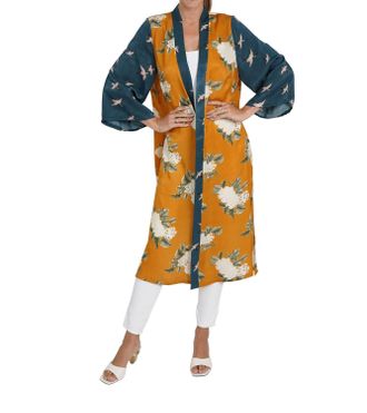 Love Token Chance Floral Open Kimono In Teal / Gold