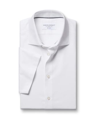 CHARLES TYRWHITT Short Sleeve Non-Iron Cotton Linen Shirt - White Size 15.5/SH by Charles Tyrwhitt
