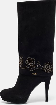 Loriblu Black Suede Cuff Embroidered Knee Length Boots