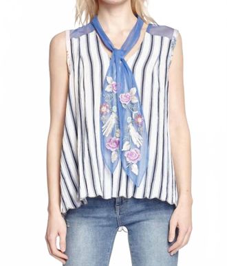 Aratta Sleeveless Sequin Embroidered Mesh Neck Tie Top In White/blue Stripe