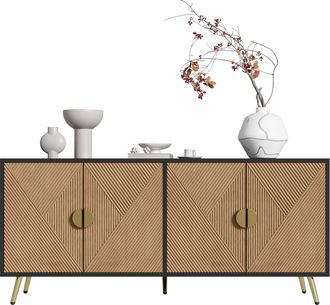 STILVORA Aparador Con 4 Puertas, Bisagras Soft-close, Tiradores Dorados Cepillados, En Mdf Y Tablero De Part&iacute;culas, 160&times;40&times;75 Cm, Negro Y Madera