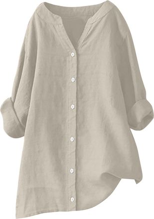 Generic Summer Tops for Women UK Casual Cotton Linen Shirts Roll Up Sleeve Button V Neck Blouses Oversized Loose Tee Shirt Baggy Ladies Lagenlook Top Linen Ov
