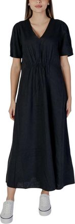 b.young Womens Relaxed Fit Maxi Dress Vneck Short Sleeves - Black Linen - Size EU 38 (Womens)