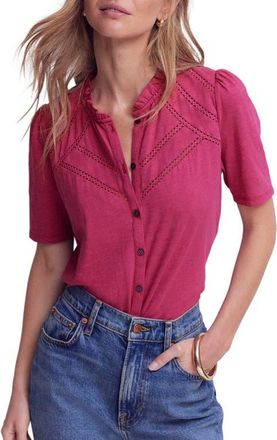 Boden Lace Trim Short Sleeve Cotton Button-Up Shirt in Red Violet at Nordstrom, Size 10