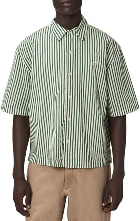 AllSaints Chopin Oversize Stripe Short Sleeve Cotton Button-Up Shirt in Green/white at Nordstrom, Size Xx-Large