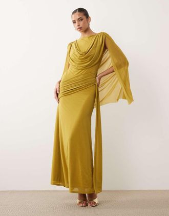 Asos Vestito lungo in chiffon elasticizzato giallo-verde con mantella e scollo ad anello-Blu