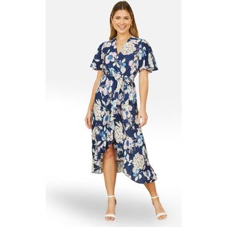 Yumi Floral Midi Wrap Dress in Navy at Nordstrom, Size 12