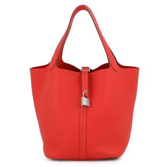 Herm&egrave;s Picotin Silver Taurillon Clemence Leather Handbag Tote Bag (Pre-Owned)