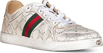 Gucci Mens Low-Top Laser-Cut Leather Sneakers Beige Calfskin Trainers