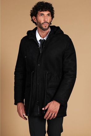 D'Arienzo Cappotto Montone Shearling nero con cappuccio staccabile DArienzo, Seleziona Taglia 48, Colore Nero