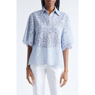 Michael Kors Stripe Floral Lace Shirt in Lake/optic White at Nordstrom, Size X-Small