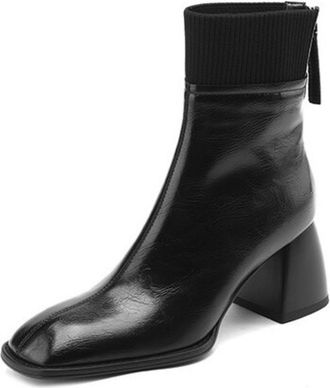Generic Womens PU Leather Ankle Boots Square Toe Ribbed Knit Cuff Flared Block Heels Side Zipper Soft Lining Cushioned Insole Durable Non-Slip Outsole,Black,4
