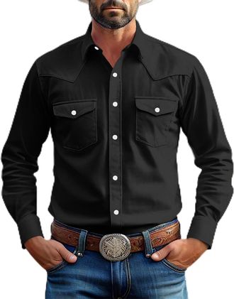 Generic Mens Two Pocket Long Sleeve Button Work Shirt Vintage Solid Color Lapel Shirt Slim Fit Mens Casual Shirts Cowboy Cut Western Style Black