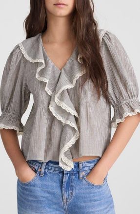 Madewell Ruffled Puff Sleeve Cotton Button-Up Shirt in Black And Ivory Micro Stripe at Nordstrom, Size Xx-Small