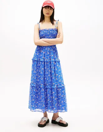 Tommy Hilfiger Womens Tommy Jeans Tiered Chiffon Maxi Dress - Blue - XL