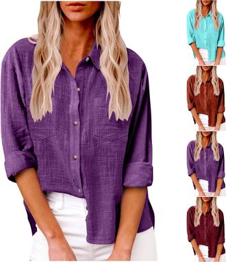 Generic Gauze Shirts for Women Cotton Linen Button Down Shirt Womens Long Sleeve Collared Blouse UK Loose Fit Casual Work Office Shirts with Chest Pockets Dre