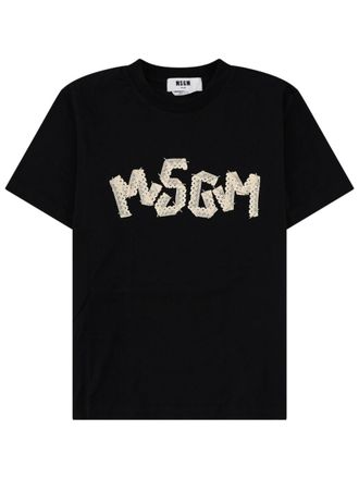 Msgm Lace Embroidered Logo Cotton T-Shirt