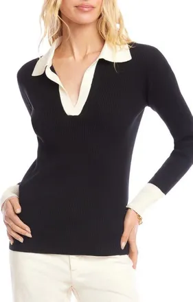 Karen Kane Contrast Rib Polo Sweater in Black/cream at Nordstrom, Size X-Large
