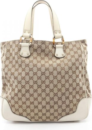 Gucci Beige White Canvas Leather Tote Bag (Pre-Owned)